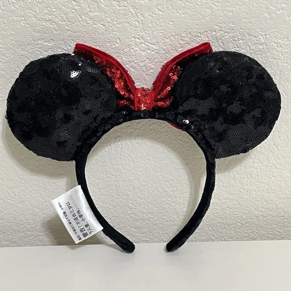 Disney Parks Minnie Mouse Ears Red Bow Black Sequin Headband